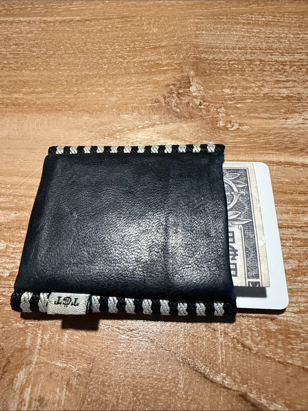 TGT Stone 2.0 Minimalist Black Leather Card Holder with B&W Contrast Stitching